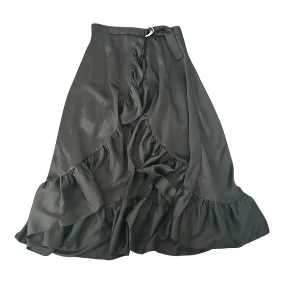 Sandro Black Satin Ruffle Belted Midi Skirt Size 2 - Picture 3 of 11